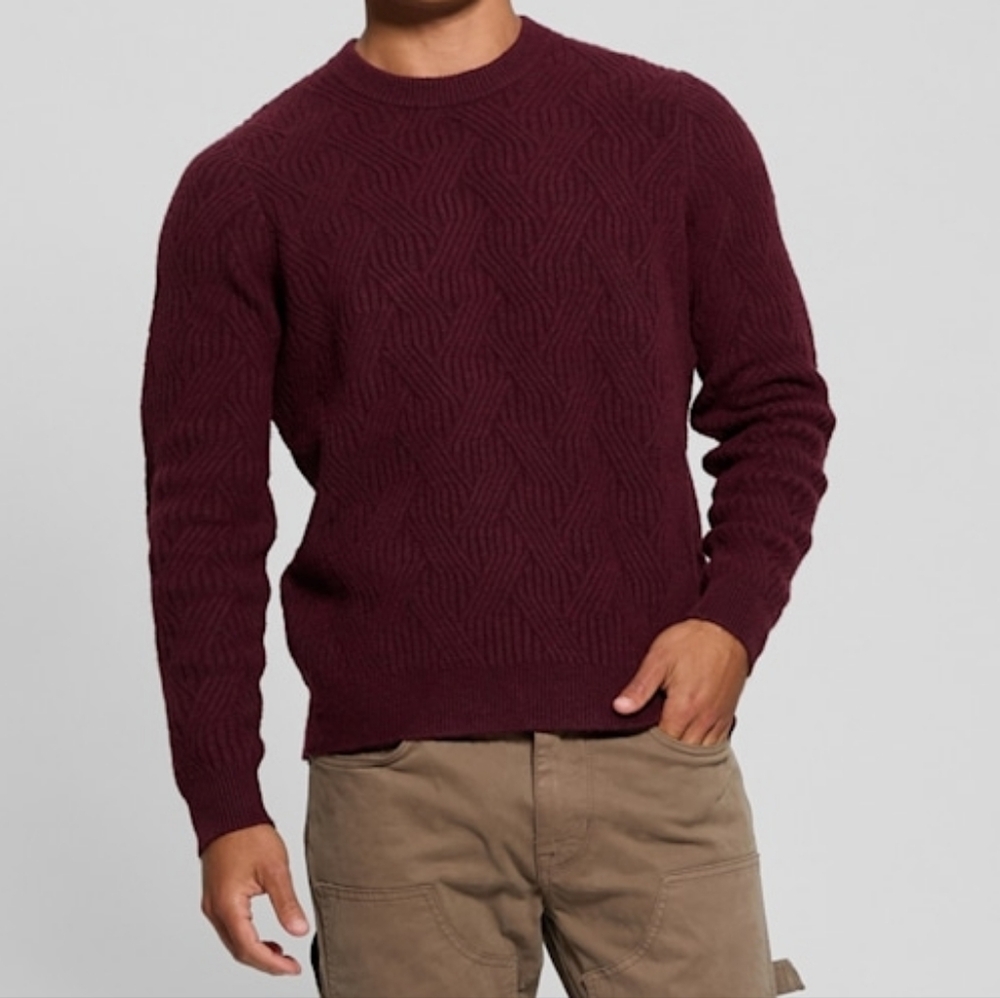 GUESS Eco Wesley Burgundy Red Long Sleeve Lattice Ribbed Sweater Size Medium